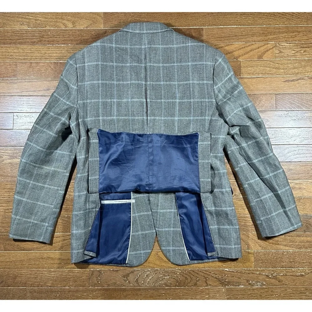 Jos A Bank 1905 Slim Fit Linen Wool Blazer Mens 42R Gray Windowpane Sports Coat